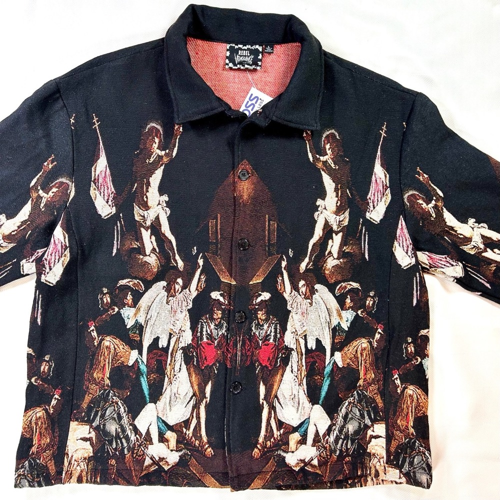 Rebel Vengeance Jacket Tapestry Tweed Fall of the Angels Jesus Mens Size L NWT